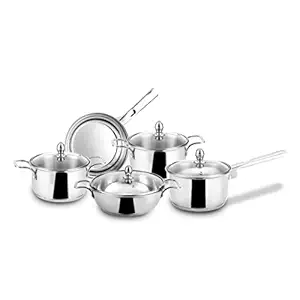 Steelcraft Premium Stainless Steel Induction Bottom Raven Cookware Family Combo Casserole (14, 18 cm), Kadhai with Glass lid (20 cm), Frypan (20Cm) and Saucepan (16 cm) Cook and Serve Set of 5