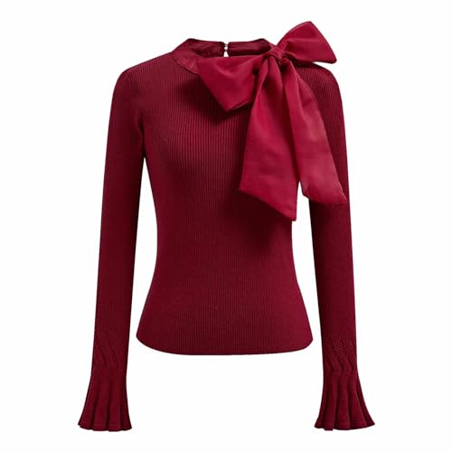 CHICWISH Blusa de Punto de Manga Larga con Lazo para Mujer, Cuello Alto Falso, Ajustada, Elegante, Blusa Lisa, Borgoña, XXS-XS