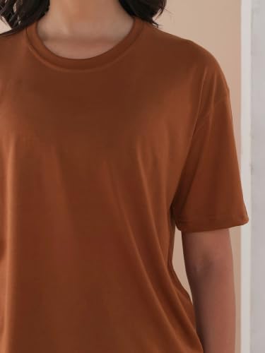 Image of CHKOKKO Oversized Round Neck Drop Shoulder Solid Polyester Full Sleeves T-Shirt for Women