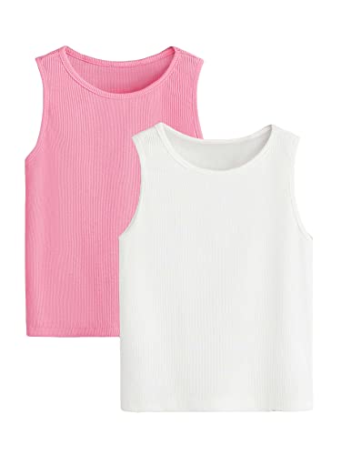 Milumia Girl's 2 Pieces Solid Ribbed Knit Tank Top Crew Neck Sleeveless Basic Tops