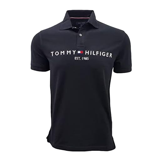 Tommy Hilfiger Camisa polo masculina bordada com logotipo gráfico (pequena, preta (Est 1985)), Preta (Est 1985), P