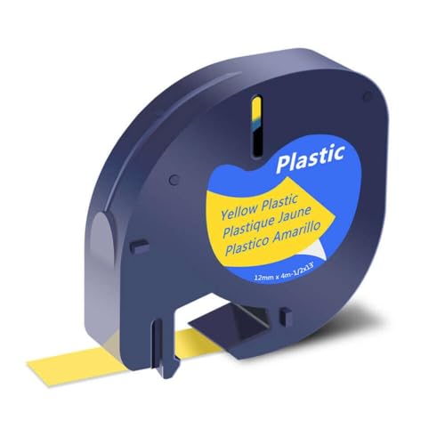 12mm x 4m LT���x���e�[�vLT-100H LT-100T XR XR XR Plastic Label Printers 91201 91200�����^�O�}�V���̌������x�����[��(Black on Yellow)