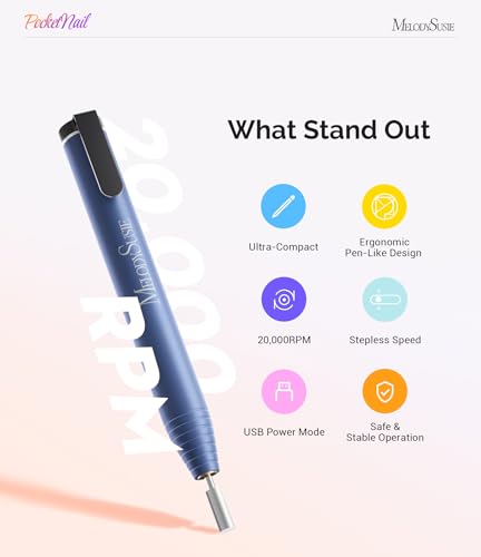 Image of MelodySusie PocketNail Slim Ergonomic Pen-Shaped USB Nail Drill, PC100G 20000RPM Portable Electric File for All Manicure, Pedicure Nail Care, Shaping & Gel Removal at Home for Beginners
