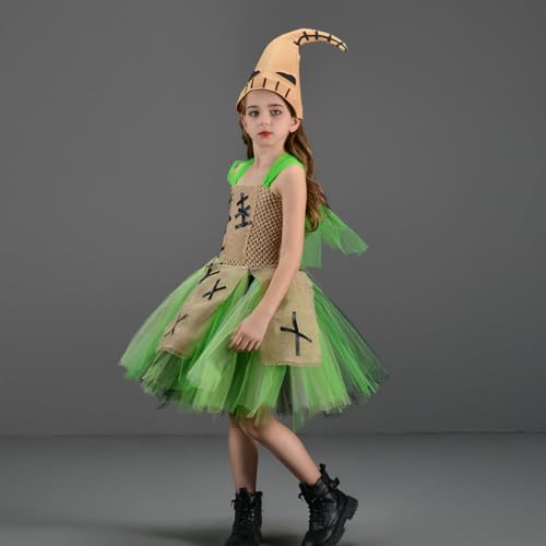 IDOPIP Kids Girls Halloween Costume Witch Cosplay Nightmare Doll Fancy Dress Puff Tulle Tutu Dresses Christmas Eve Dress Up with Hat Green S/2-3Y - Image 2