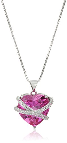 Amazon Essentials Sterling Silver Created Pink and White Sapphire Wrapped Heart Pendant Necklace , (previously Amazon Collection)