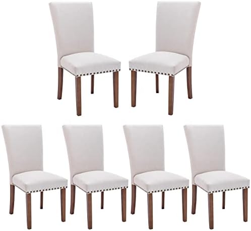 COLAMY Upholstered Fabric Dining Chairs Set of 6, High Back Padded Chairs w/Nailed Trim & Solid Wood Legs, Classic Parsons Chairs Side Chair for Home/Kitchen/Living Room-Beige
