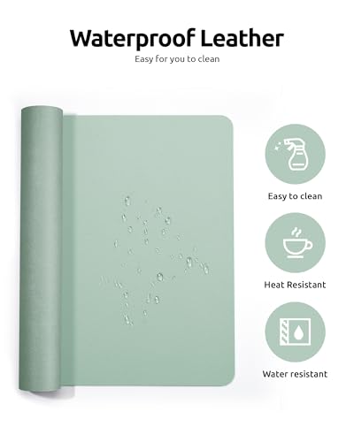 Image of YSAGi Leather Desk Mat, Large Mouse Mat, 60 x 35 cm, Light Green | Non-Slip Desk Pad, Keyboard Mat, Waterproof Table Protector Desk Accessories for Office & Home