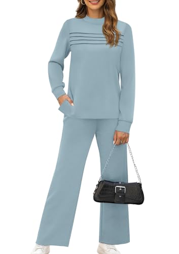 Image of WIHOLL Two Piece Sets for Women Fall Travel Vacation Outfits 2026 Long Sleeve Lounge Sets Side Slit Wide Leg Pants XS-3XL