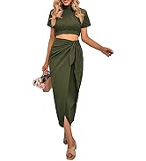 CFLONGE Women's 2 Piece Outfits Casual Sleeveless Halter Crop Top and Draped Ruched Skirt Solid S...