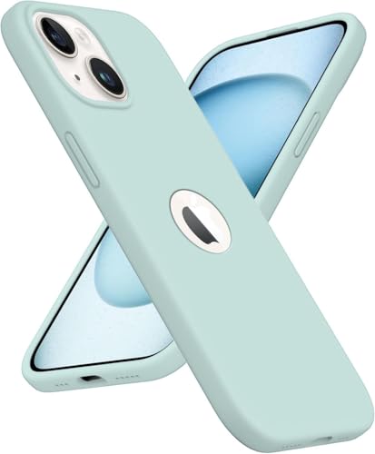 Image of VONZEE Microfiber Logo Cut Cover Compatible for iPhone 13 Case Cushion Liquid Soft Silicone Gel Rubber Phone Cases Non-Slip Full Body Protective Shockproof Back Cover 6.1 inch, Mint Green