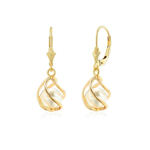 Dangle Earrings for Women 14K Gold plated Caged Lightweight Leverback Pearl Dangling Drop Elegant Jewelry for Weddings, Gifts, Everyday Wear (Gold)