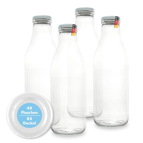 Flaschenbauer - Milchflaschen 1 Liter 4er Set weiß - Glasflaschen zum Befüllen Glasflasche mit Twist-Off Deckel TO48 & Ersatzdeckel Saftflaschen Smoothie Flaschen Vorratsflaschen Made in Germany