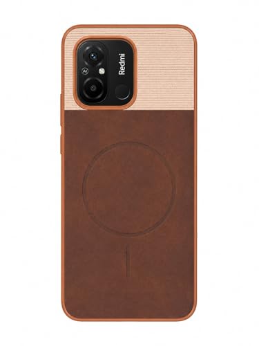 Image of Bintage Mac Safe Design Hard Slim Back Case | Soft Border Camera Protect | Dual PU Leather Finish Back Cover Compatible for MI Redmi 12C 4G - White & Cherry Brown