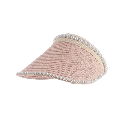minkissy Pearl Sun Hat Wide Brim Straw Summer Sun Visor Cap for Women Outdoor Sports UV Protection Pink M (56-58cm)