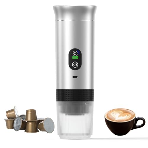 Kubiq Cafetera portátil espresso 20 bares con pantalla LED, Máquina de café 80 ml compatible con cápsulas y café molido, Carga USB-C para coche u oficina, Ideal para viaje, Presión profesional