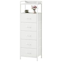Somdot Tall Chest of Drawers for Bedroom with 5 Drawers, Storage Unit with Fabric Drawers for Closet Bedside Dorm Kids Nursery Laundry Living Room Entryway Hallway, White Leather
