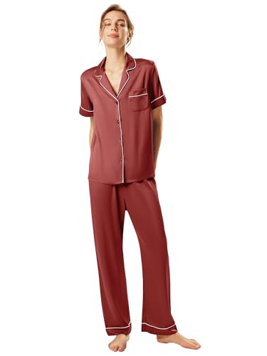 Image of AW BRIDAL Womens Satin Pajama Set Soft Short Sleeve Silk Pajamas Button Down Loungewear Sleepwear Two Piece Pj Sets, S-XL