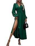 JENJON Femme Robe Col V Elegant Manches Longues Taille Haute Plissée Elastique Maxi Robes Casual Solide Cassique de Manche Lanternes