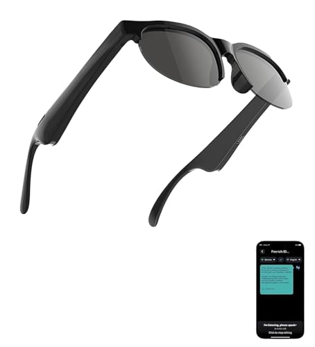 AI translation smart glasses with Bluetooth audio, photochromic lenses, and an accompanying smartphone interface displaying text translation.
