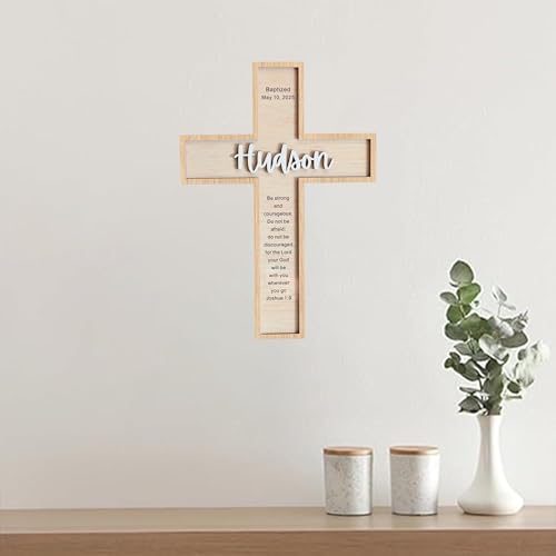 Image of Godashop Personalized Baptism Cross Wood Sign, Wooden Sign Baptism Gifts For Baby, Christening Gifts Crosses for children, Baptized Cross Sign, Dedication Gift - A7