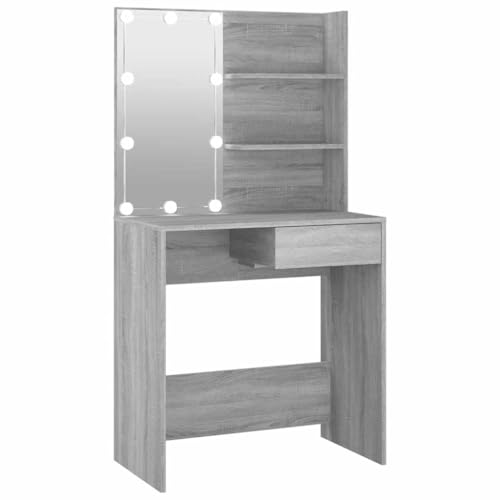 zylophax Tocador con iluminación LED gris Sonoma, madera 74,5 x 40 x 141 cm, mesa cosmética con espejo, cajones y puerto USB para dormitorio, vestidor, estilo moderno