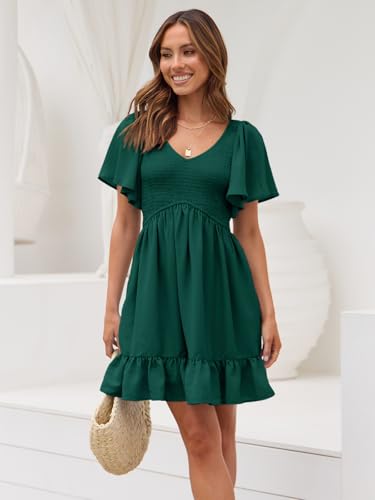 Image of LILLUSORY Women's Flowy Casual Mini Dresses 2026 Summer Graduation Smocked V Neck Vacation Dress Dress with Pockets