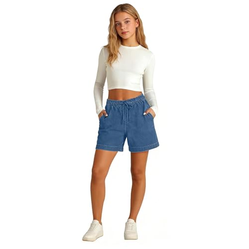 Short en jean ample pour filles - Short d'été à taille élastique avec poches à cordon de serrage - Respirant - Jambe large - Pantalon de sport décontracté, bleu,...