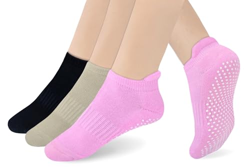 RATIVE Anti Slip Non Skid Barre Yoga Pilates Hospital Ankle Socks with grips for Adults Men Women (Large, 3-pairs/black+beige+pink)