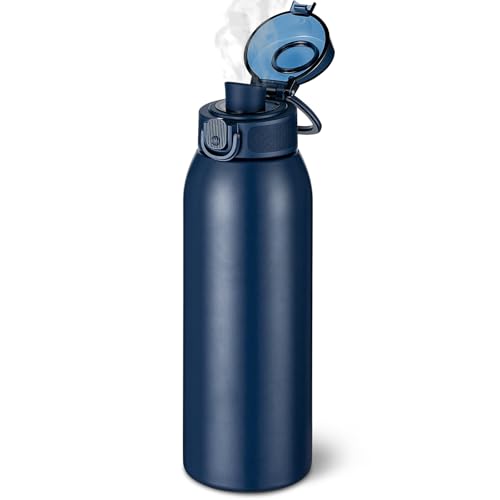 Image of Insulated Water Bottle 24 oz with Dustproof Lid, Carry Handle & Tea Infuser, BPA-Free & Leakproof, Stainless Steel Water Bottles Ideal for Fitness, Hiking, Office & Outdoor Use (Dark Blue)