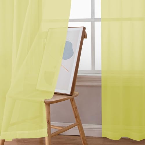 Image of Simplebrand Rod Pocket Top Solid Voile Sheer Curtains for Bedroom, 54 Inch Length Drapes Set of 2, Lightweight and Light Filtering Elegant Lemon Curtains Panels Window Treatment, 42Wx54L, Lemon