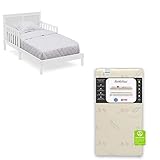 Delta Children Collins Wood Toddler Bed + Simmons Kids SlumberTime Naturally 2-Stage Premium Foam Crib and Toddler Mattress - Waterproof - GREENGUARD Certified [Bundle], Bianca White