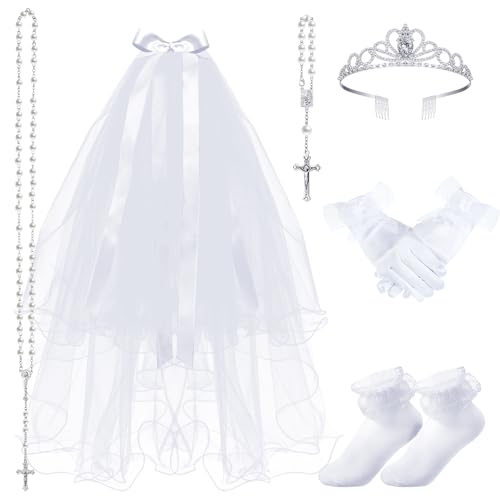 Funtery 6 Pcs Girls First Communion Veils Catholic Set 1st Communion Wreath Veil Headpiece Sock Necklace Bracelet Kid Wedding(Elegant Style)