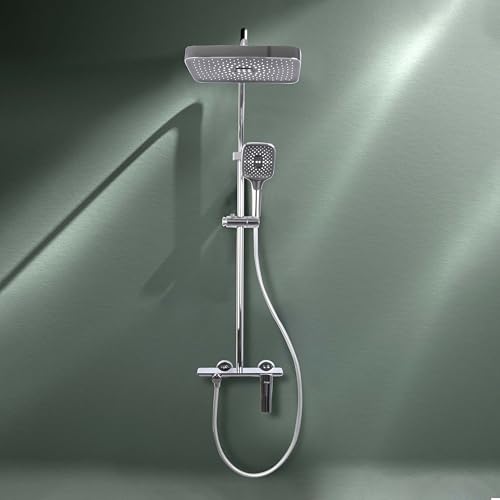 Image of Ruhe Rain Smart Shower Panel Set, Triple Flow Functions, Wall-Mount Chrome Finish | Adjustable Height Shower Panel | Includes Overhead Shower, Triple Flow Hand Shower with Installation Accessories
