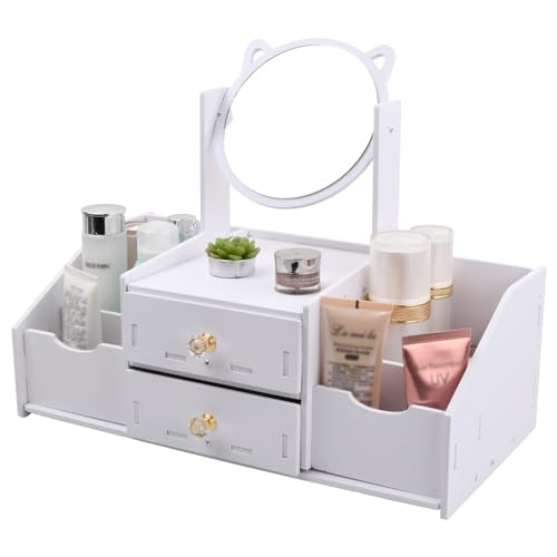 Cozlly Organizer Make-Up, Organizer Trucchi con Cassetti Specchio, Scatola Contenitori Per Cosmetici, Porta Trucchi Organizer da Tavolo Bianco, per Comò, Camera da Letto, Bagno - Bianco