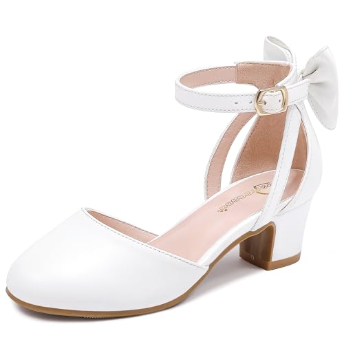 Image of Girls Heels Dress Shoes Flower Girl Pumps with Cute Bow Closed Toe | Princess Shoes,High Heels,Chunky Heel,Adjustable Buckles,Toddler,Little Girl,Big Kid,Wedding,Birthday Party,Formal,Pageant