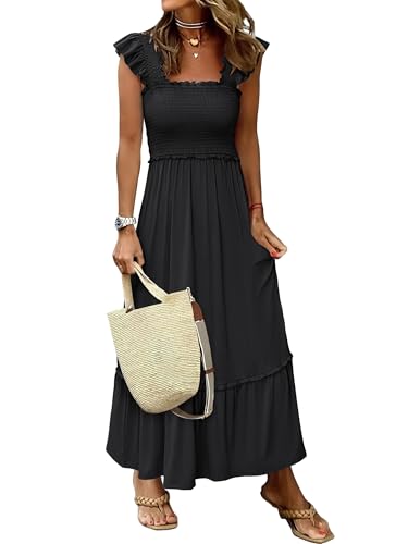 ANRABESS Womens Summer Sleeveless Maxi Dress Square Neck Smocked Boho Casual Ruffle Strap Flowy A-Line Long Beach Sundress Black Small