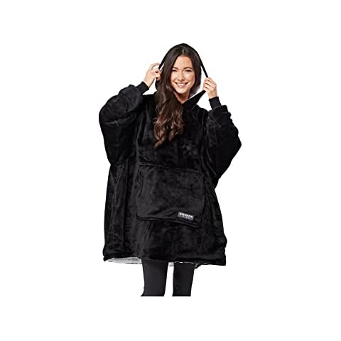 Oversize Teddy Sherpa Cuddly Cosy Sweatshirt Hoodie Double Layer Thermal Giant Blanket with Front Pocket Adults Teens Mens Womens (Black) Cover