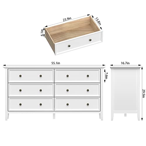 Ikeno 6 Drawer Double Dresser, 55 Inch Solid Wood Bedroom Dresser In White #TOP3
