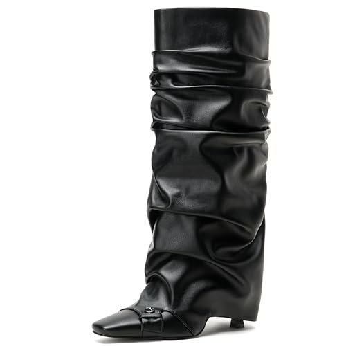 Women's Knee High Boots Fold Over Pointed Toe Stiletto Heel Tall Boots Kitten Heel Dress Long Boots for Women