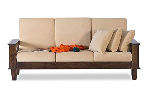 Image of Solid Sheesham Wood 3 Seater Sofa for Living Room with Cushions | X Design Wooden Loveseat Couch for Home, Office & Lounge | Walnut Finish