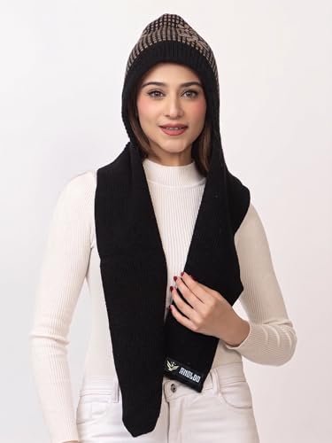 Image of AMOLDO Women's Winter Woolen Soft Warm Knitted Designer Muffler Beanie Cap with Fur | Fleece Printed Woolen Hat with Attached Scarf for Cold Weather