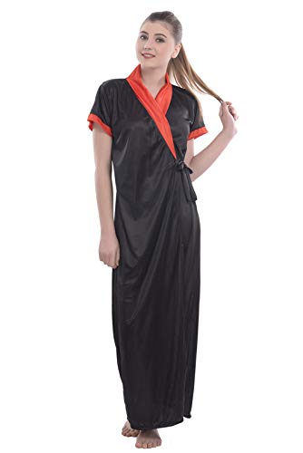 FNK Style Satin Soft Sexy Full Length Robe for Women Sleep Wear Night & Honeymoon Black
