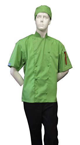 CHEFSKIN CHEF JACKET COAT LIME GREEN SHORT SLEEVE ULTRA LIGTHWEIGHT COOL AND COMFORTABLE // FREE BEANE HAT INCLUDED // AVAILABLE IN XS-SM-REG-XL AND 2X VESTE CUISINE KOCHJACKE