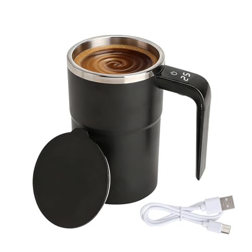 VOSSOT 380ML Schwarz Selbstrührende Tasse mit Temperaturanzeige Kaffeetasse mit Deckel Magnetische Selbstrührender Becher USB Kaffeebecher Automatischer für Kaffee Tee Milch Heibe Schokolade