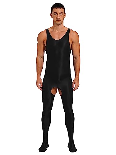 Vxuxlje Men's Oil Shiny Full Bodysuit One Piece Slim Fitted Sleeveless Footed Jumpsuit Underwear