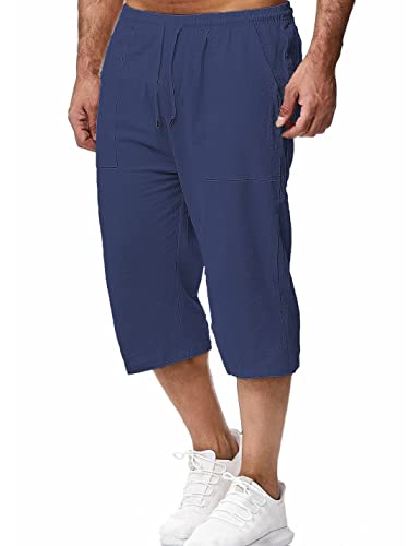 Mingzhu Men's Linen Shorts Below Knee Elastic Waist Drawstring Summer Capri Pant With Pockets(0101-Navy-Xl) #TOP2