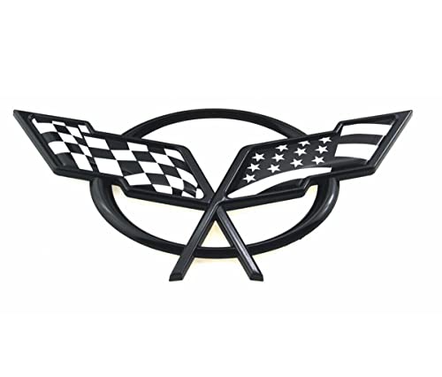 Image of Pair Set 1997-2004 Corvette C5 Front Nose Emblem and Rear Deck Lid 3D Crossed Flags Badge Replacement for Corvette ((1Pc Rear Deck Emblem Only US Flag 2 Color))