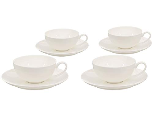 tea4chill Buchensee Lot de 4 tasses à thé de 150 ml et 4 soucoupes en porcelaine fine et crémeuse