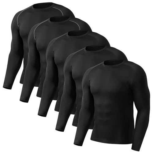 5 Pack Men's Thermal Compression Shirt Fleece Lining Athletic Quick Dry Base Layer Long Sleeve Fitness Top