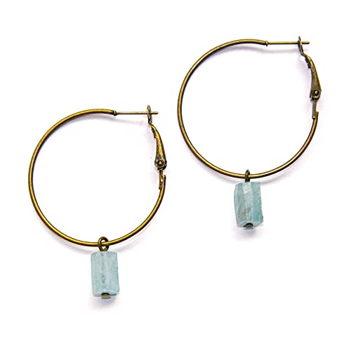 Aquamarine Hoop Earrings for Women, Dainty Raw Crystal Hoops, Natural Real Gemstone Jewelry, Nickel Free - Handmade in the USA